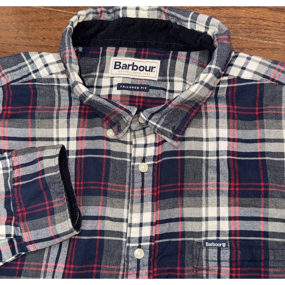 Barbour Flannel Shirt Men Size XL Plaid Tailored Fit Corduroy Collar Red Blue